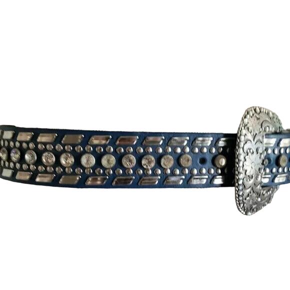 Nocona Blue Leather Belt Clear Crystal Stud Silver Tone Buckle Western Small 26" - Picture 16 of 16